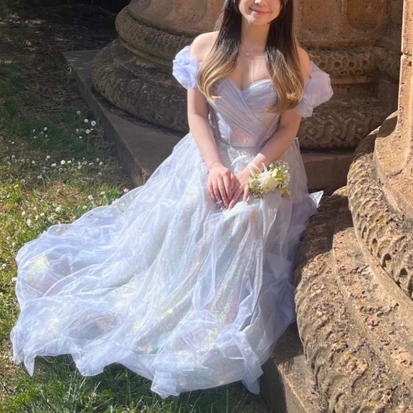 Women’s Sparkly Pastel Blue Purple Off Shoulder Ball Gown Prom Dress Size S - Picture 3 of 5